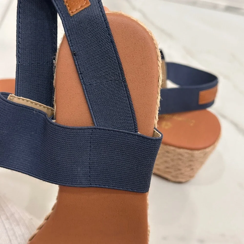 Tommy Bahama Sakura Wedge Espadrilles Heel Sandals Navy Blue Vacation Boho 9.5 M